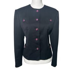 Louis Feraud Black collarless jewled button wool dressy blazer jacket size 8